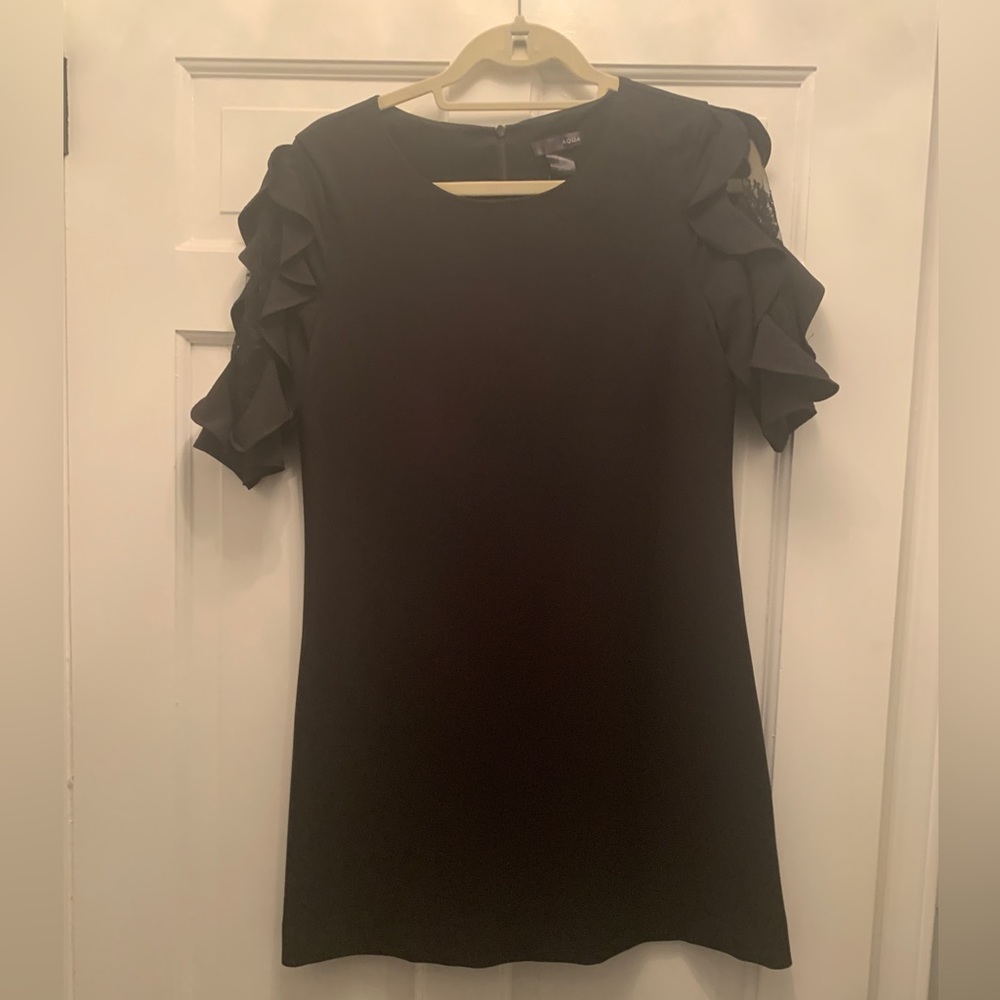 Aqua A-line Mini Dress with Ruffled Sleeves with Sheer Lace Inserts